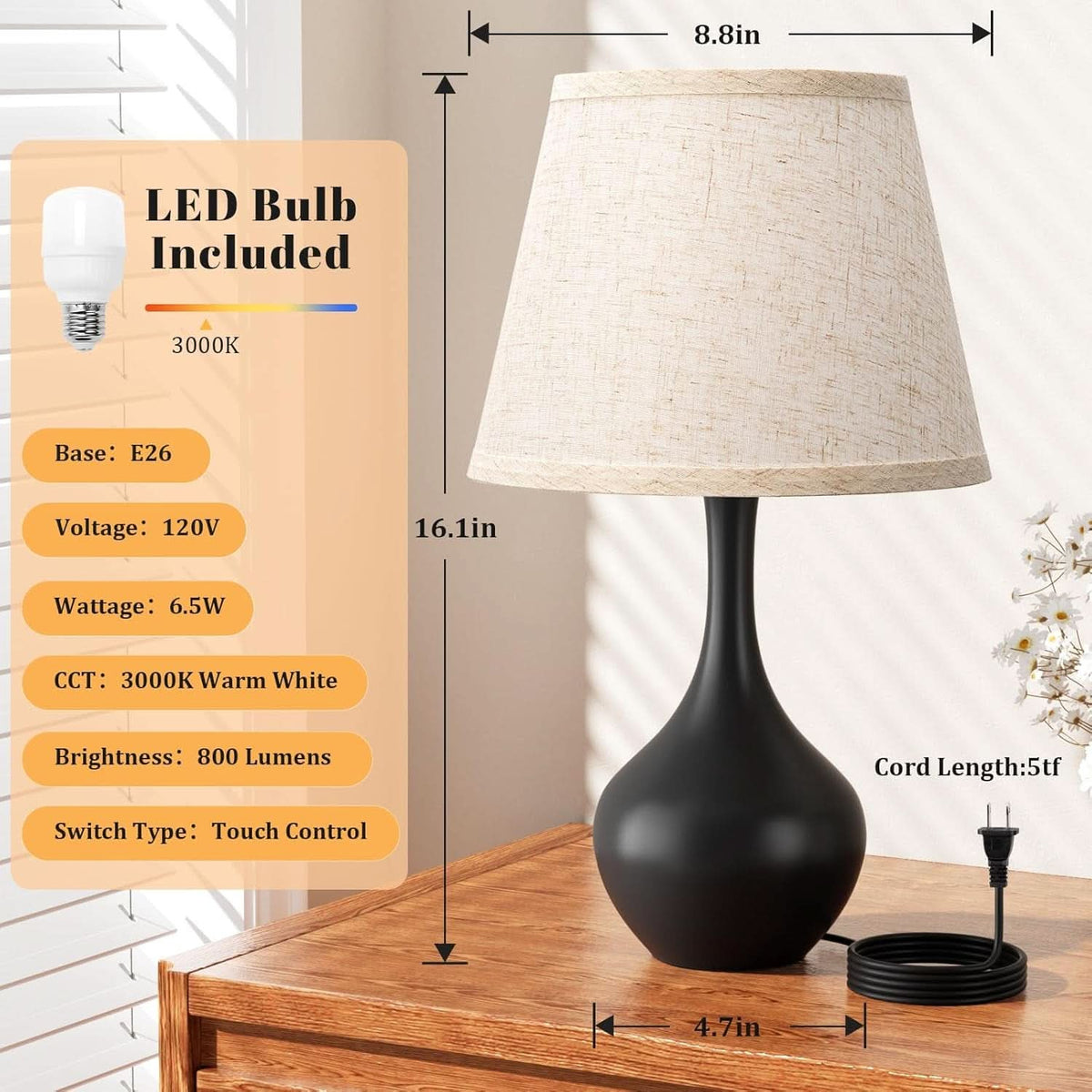 Black 16Inch Touch TableLamp Pro Nightstand Accent