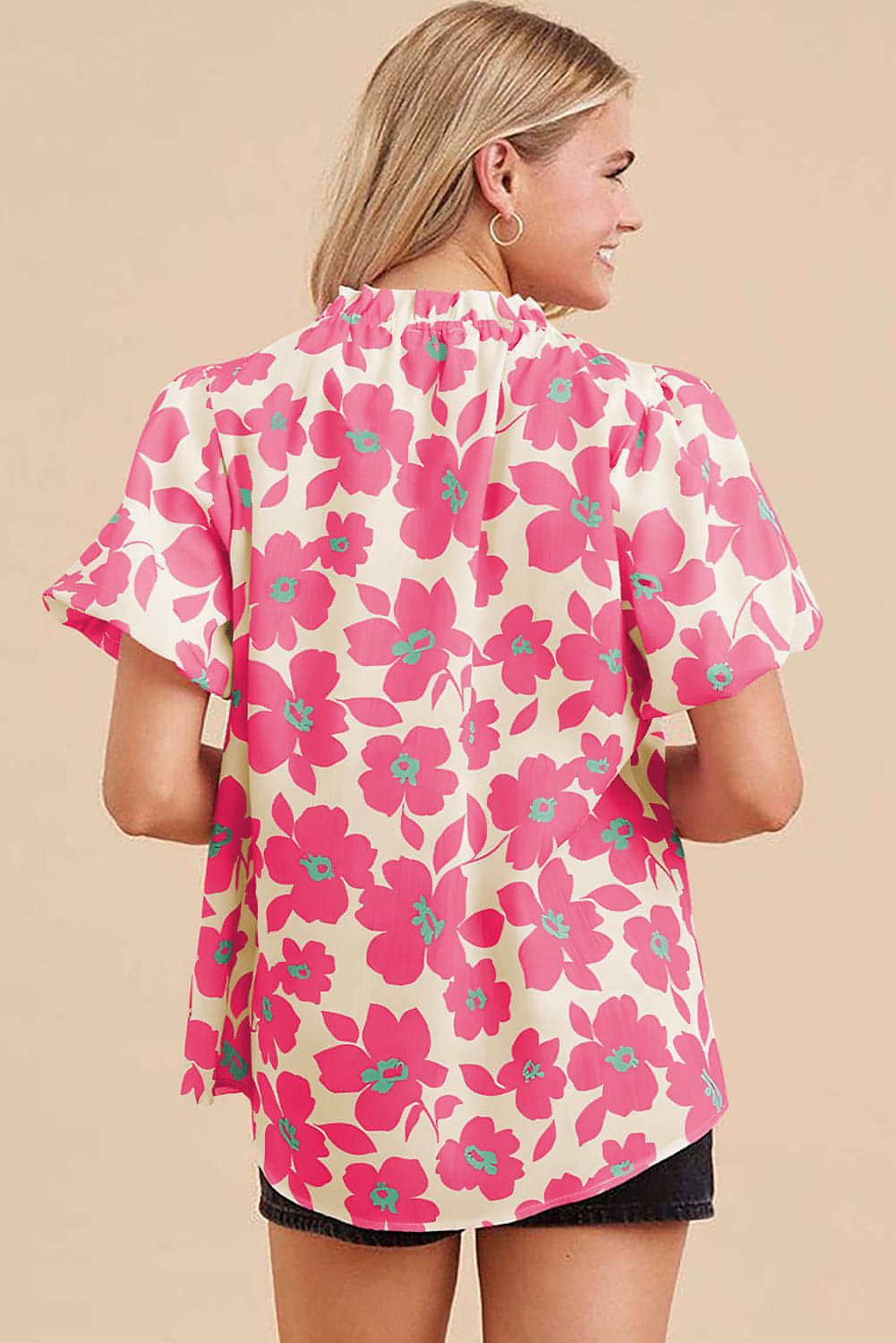 Beige floral puff sleeve blouse with frilled neckline by Carmine Juneberry, stylish top for casual or dressy occasions.