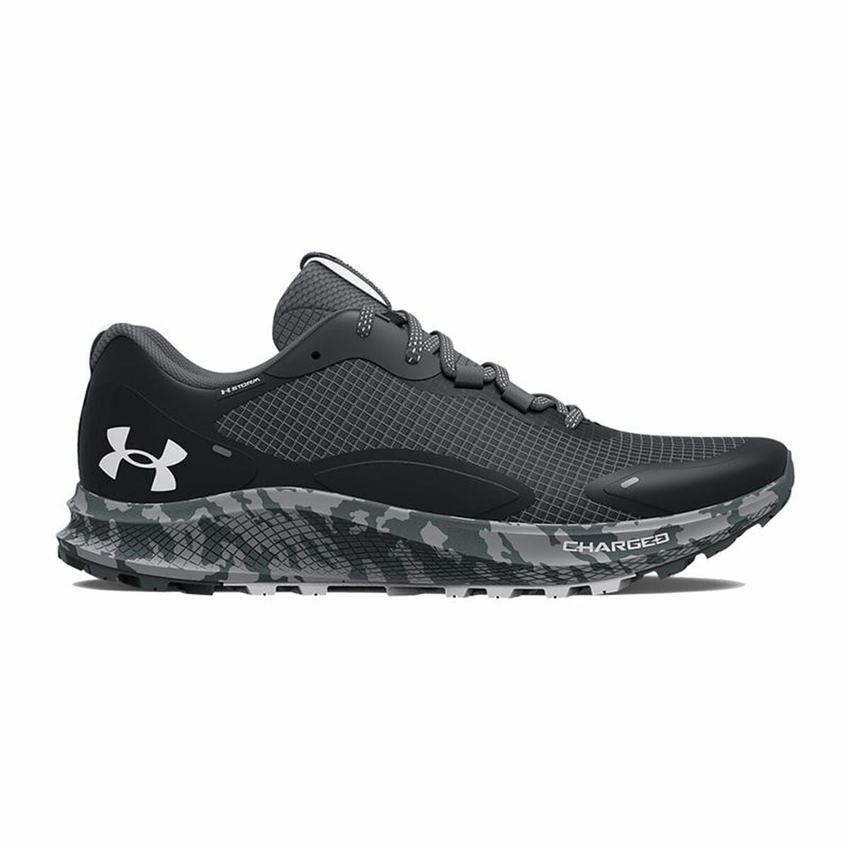 Black Under Armour Charged Bandit running shoes for men, featuring athletic design and supportive fit.
