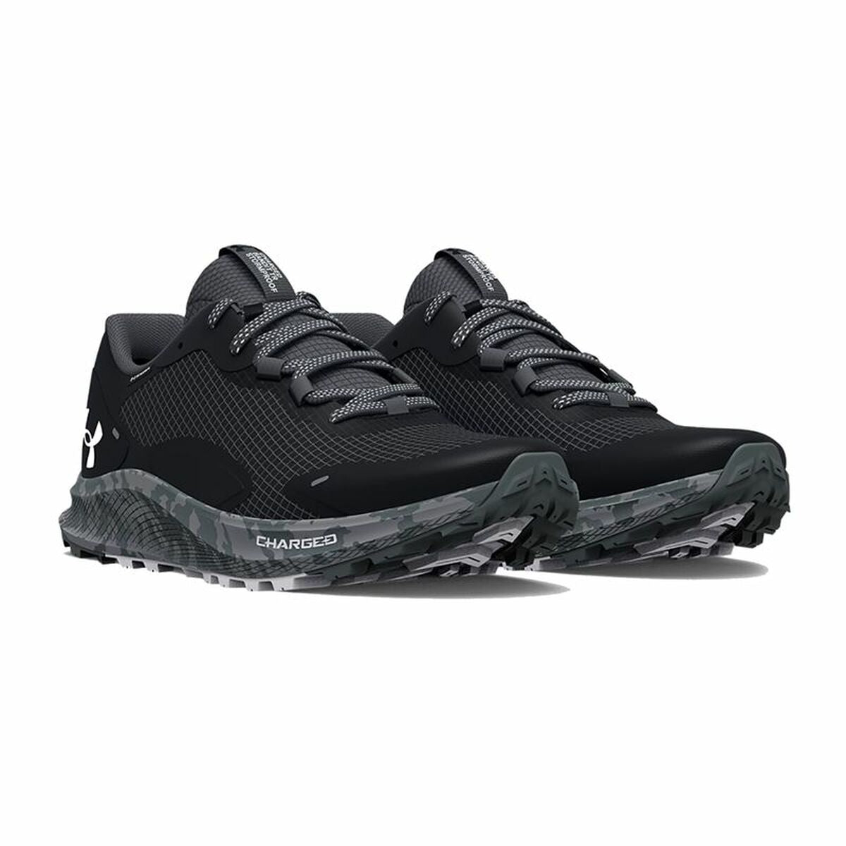 Black Under Armour Charged Bandit running shoes for men, featuring a sleek design and athletic fit, suitable for adult runners.