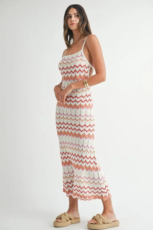 Lightweight MABLE Pointelle Chevron Knit Maxi Dress by Pear Daisy, showcasing a flowing, textured knit design.