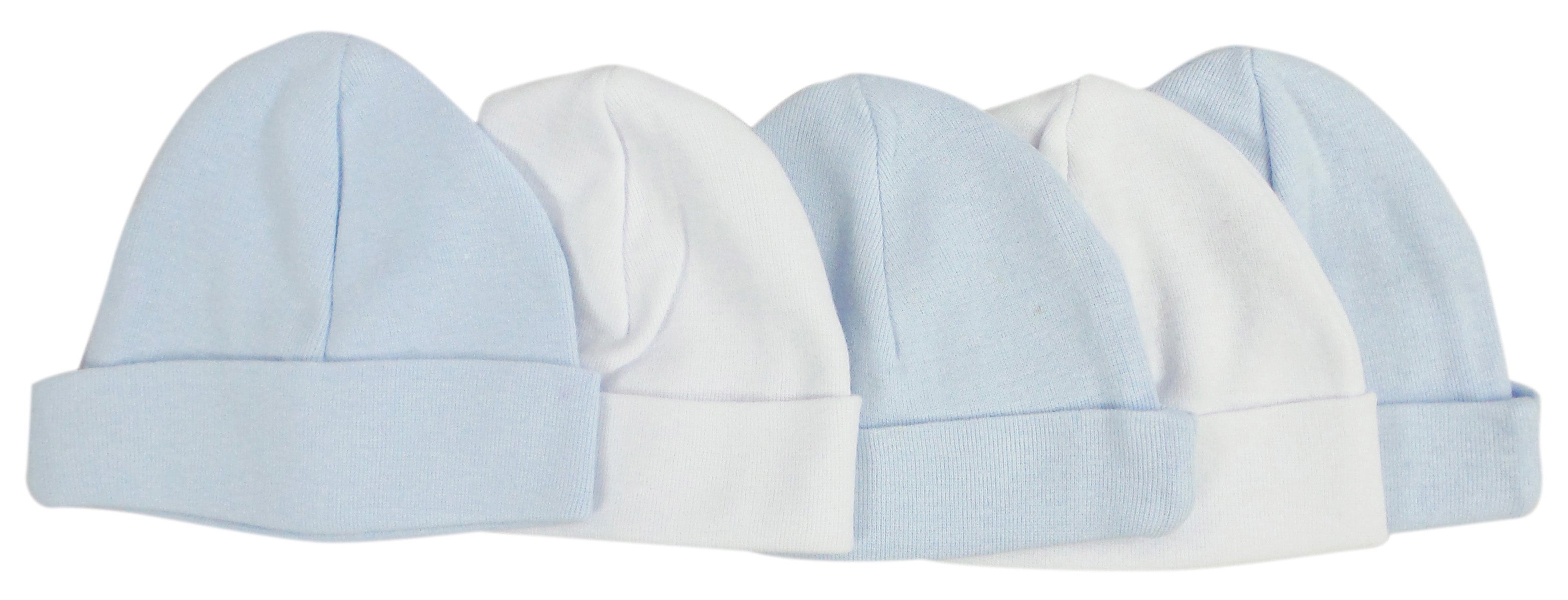 Set of five Emerald Clover Bambini blue and white baby caps for kids and babies, soft fabric with cute striped design.