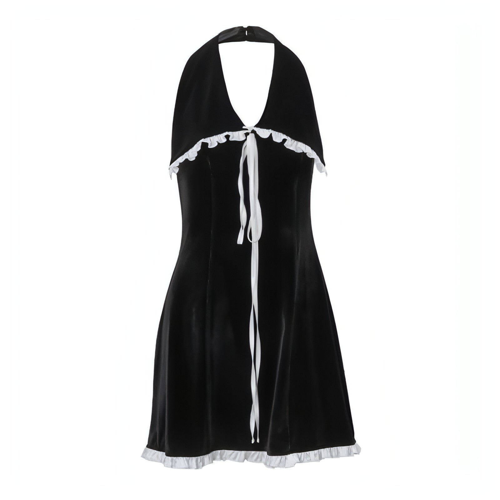 Carmine Juneberry backless suede halter dress with flounce trim, slim fit, lace-up back, designed for women, elegant evening wear