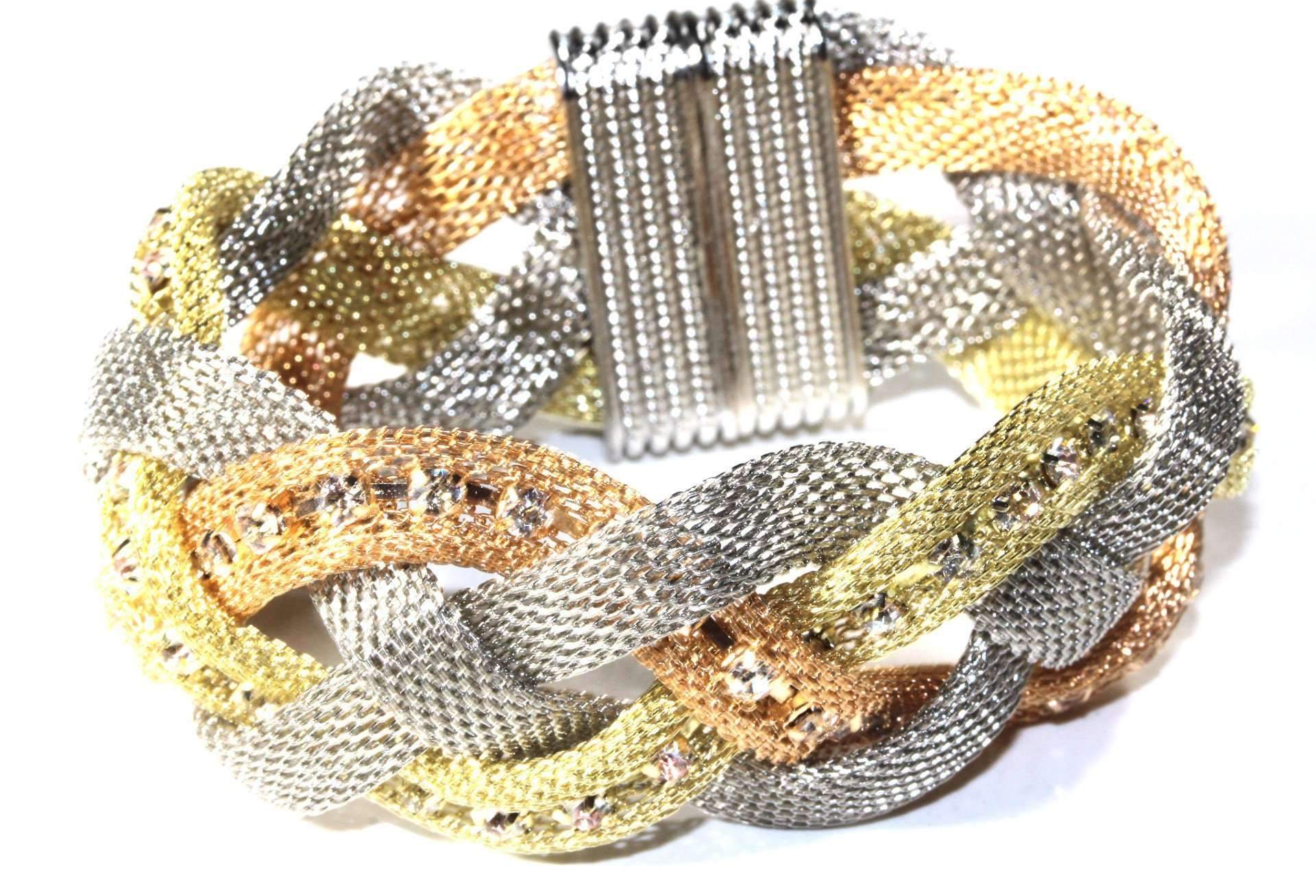 Three-tone sparkle braid bracelet by Silver Hestia featuring shimmering multicolored braided design and metallic accents.