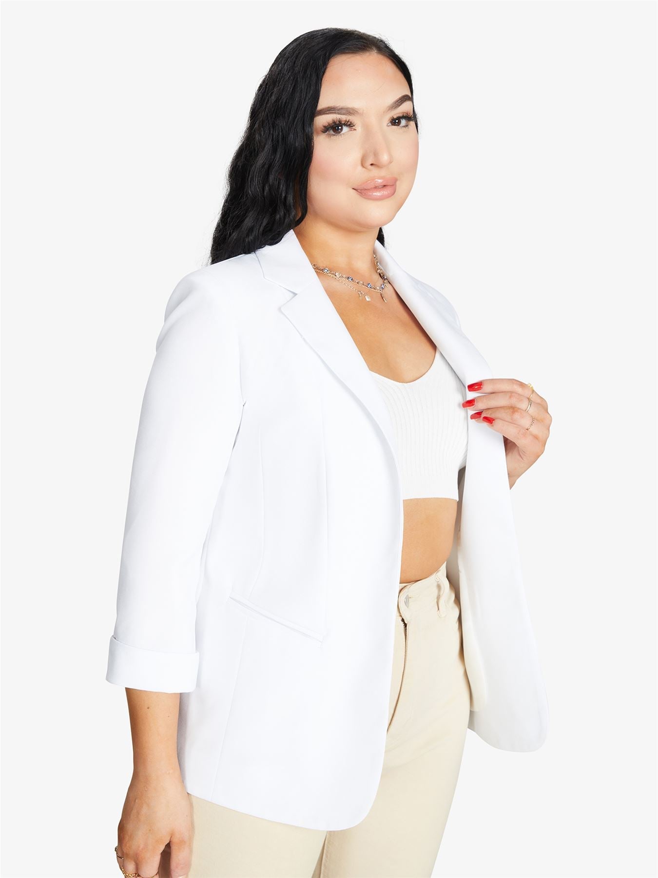 Rose Eleusis edge-to-edge blazer, stylish tailored jacket with clean lines, worn open, showing its sleek design and structured fit.