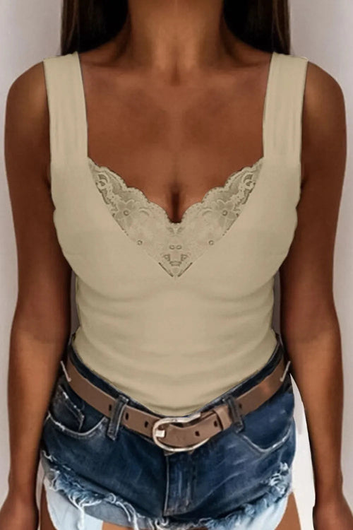Plus size lace detail V-neck tank top by Pear Daisy, casual sleeveless blouse with feminine lace accents, perfect for home wear.