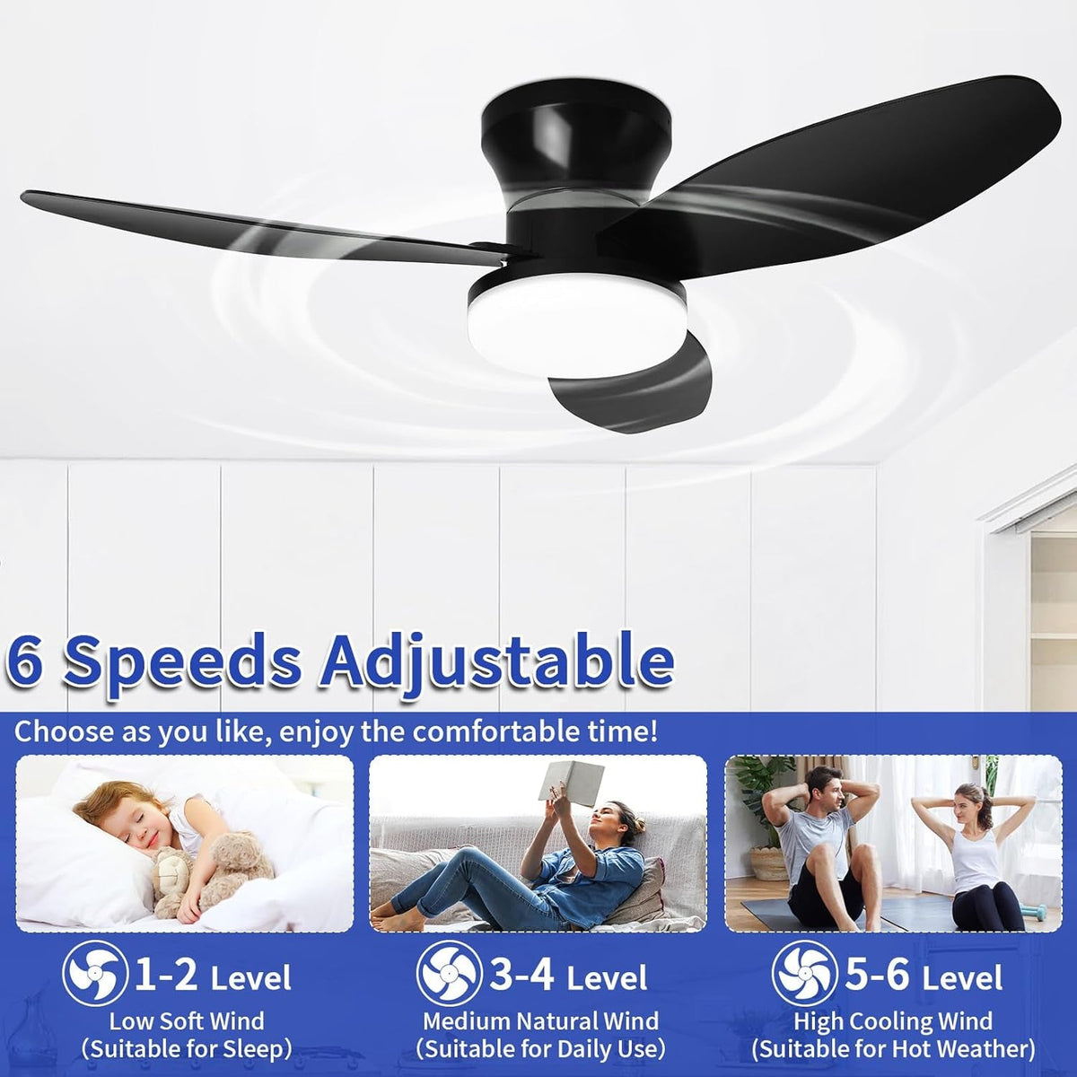 32 Inch Flush Mount Ceiling Fan With Remote Dimmable LED Light Timer