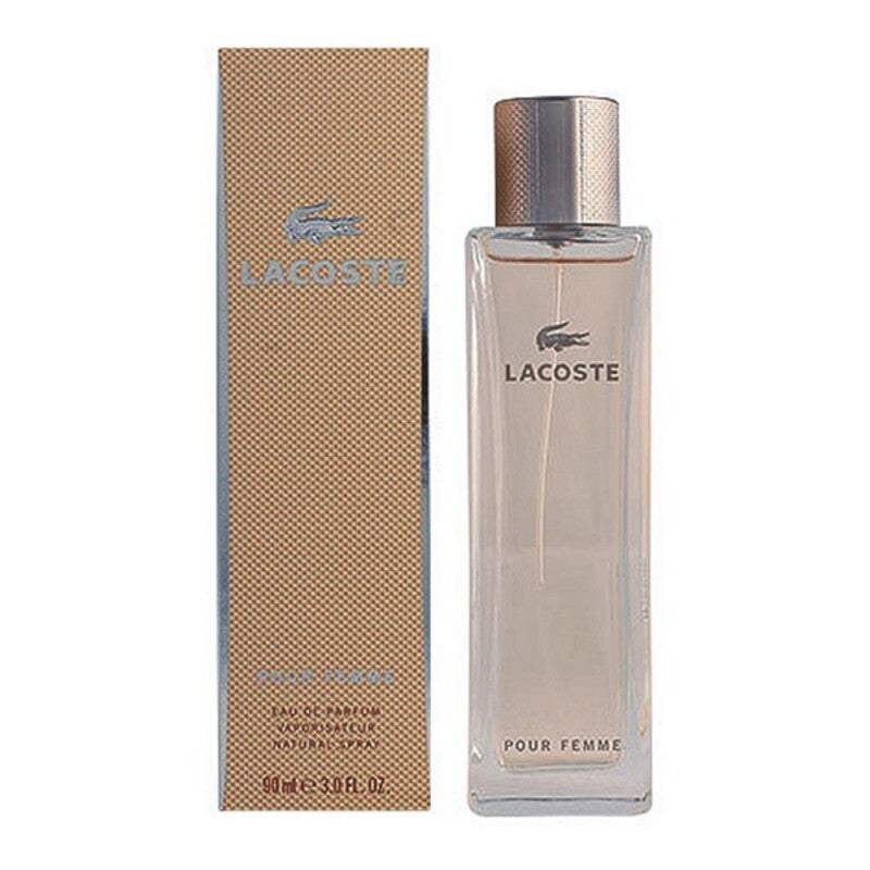 Women’s Lacoste EDP perfume bottle for bodycare, featuring sleek design and elegant branding.