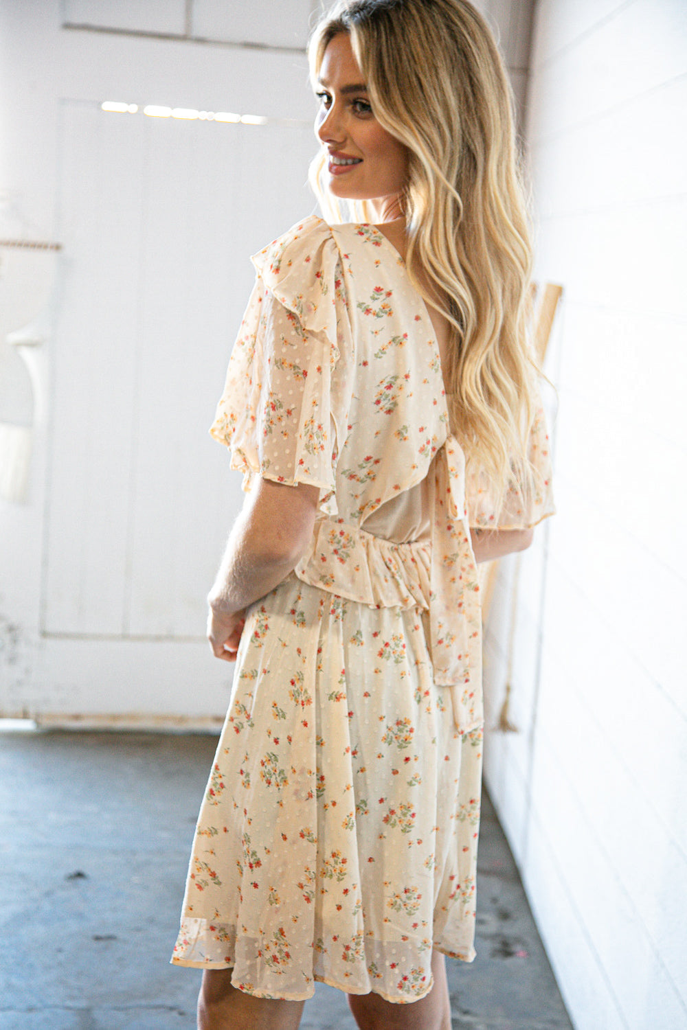 Oatmeal chiffon Swiss dot floral V-neck woven dress for women by Ochre Ismene, featuring a lightweight, flowy design with floral accents.