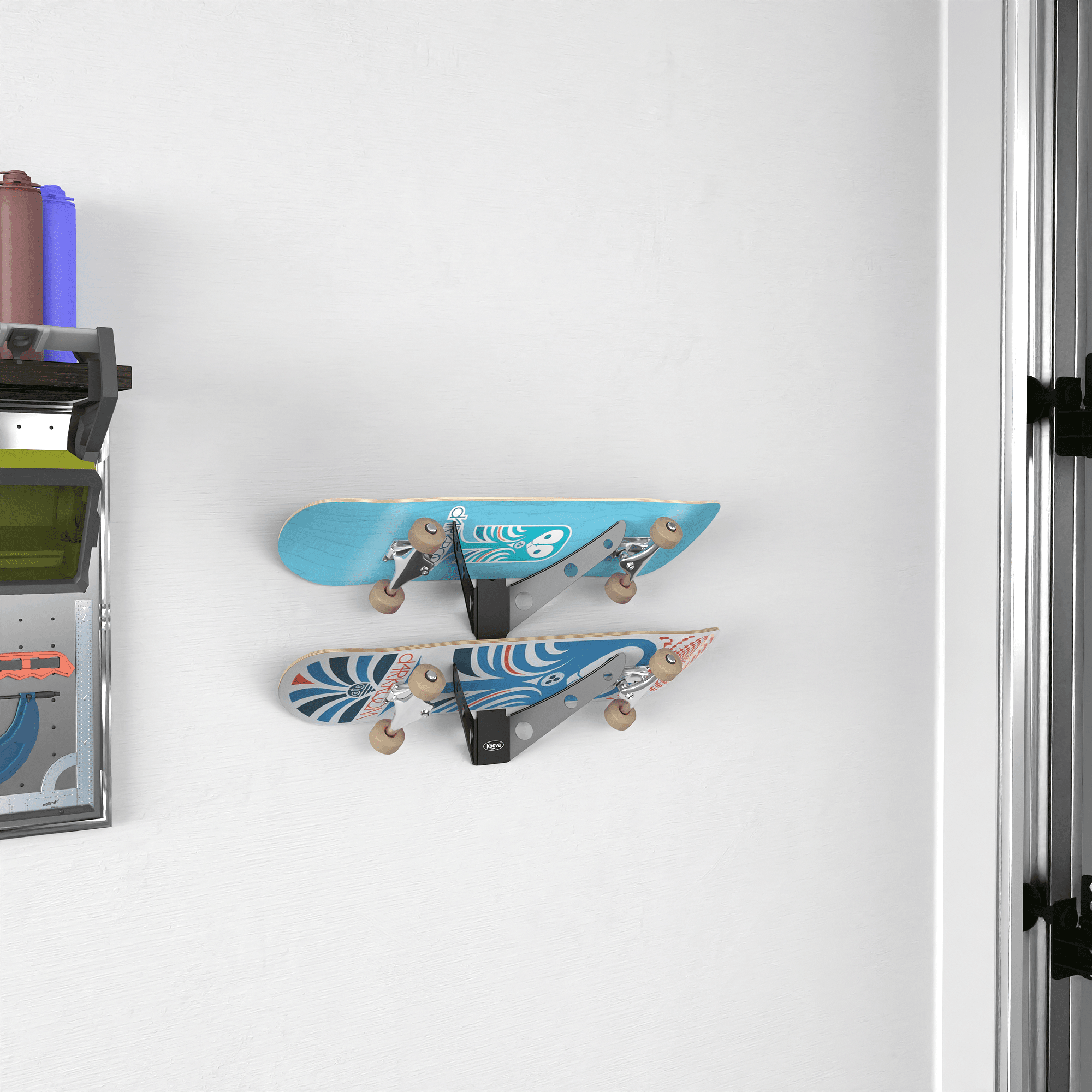 Crimson Astraeus skateboard rack holding one, two, or three skateboard decks for organized storage.