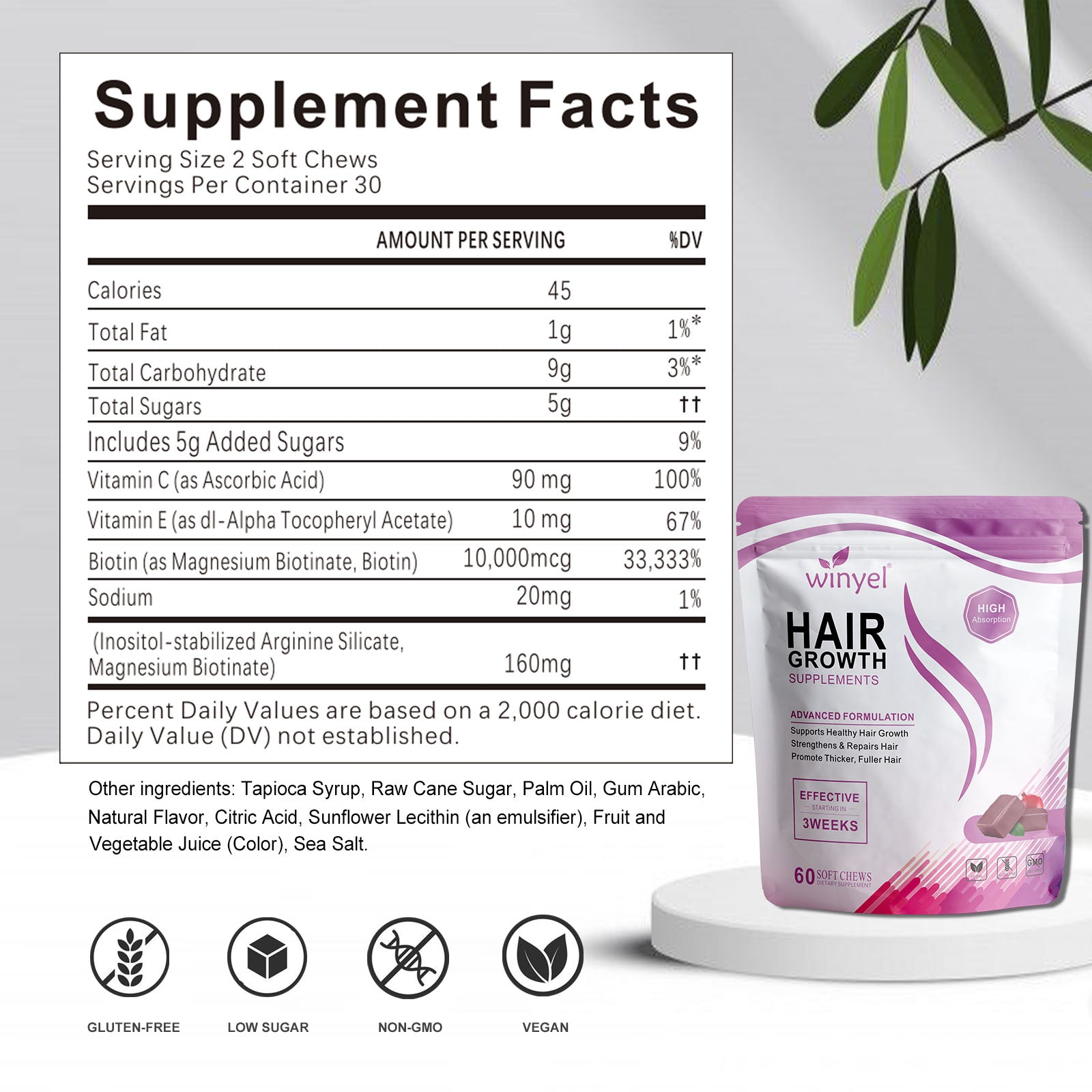 Pear Daisy WINYEL Hair Growth Soft Chewables with vitamins, featuring a bottle of chewable hair supplements for healthy hair.