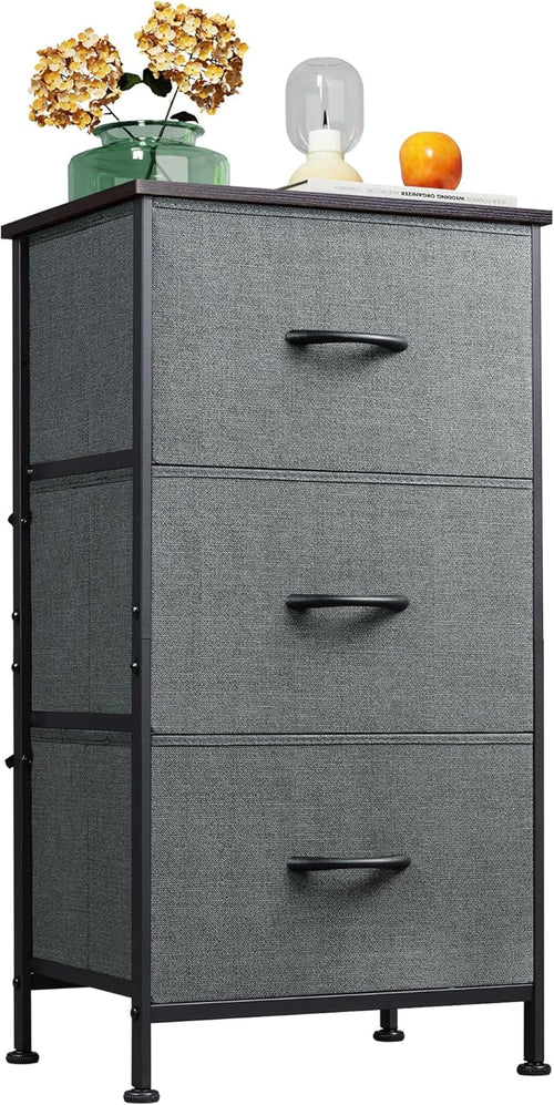 Dark grey Peach Maple dresser with three drawers, steel frame and wood top, modern furniture for bedroom storage.