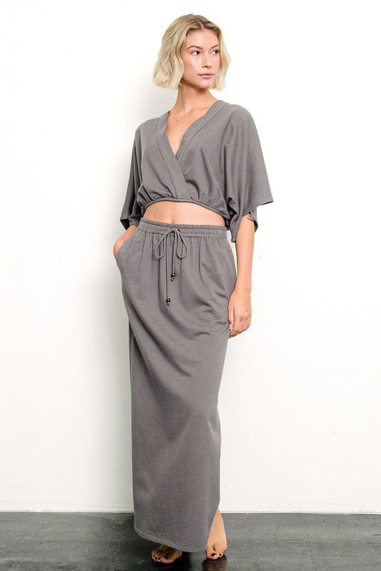 Brushed organic hemp side slit maxi skirt from Jade Icarus, featuring a flowing design and natural earthy tones.