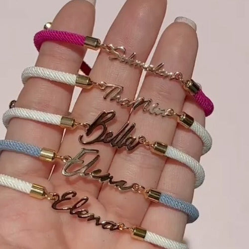 Pink Lucky personalized colorful rope chain bracelet with custom name, featuring vibrant woven design for women&