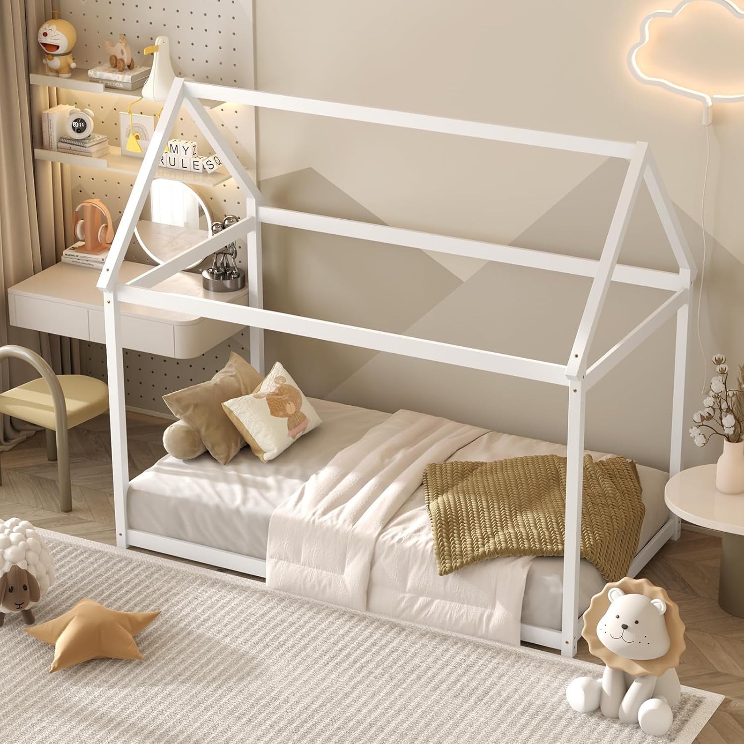 Peach Maple twin house bed frame with roof canopy, Montessori style kids&