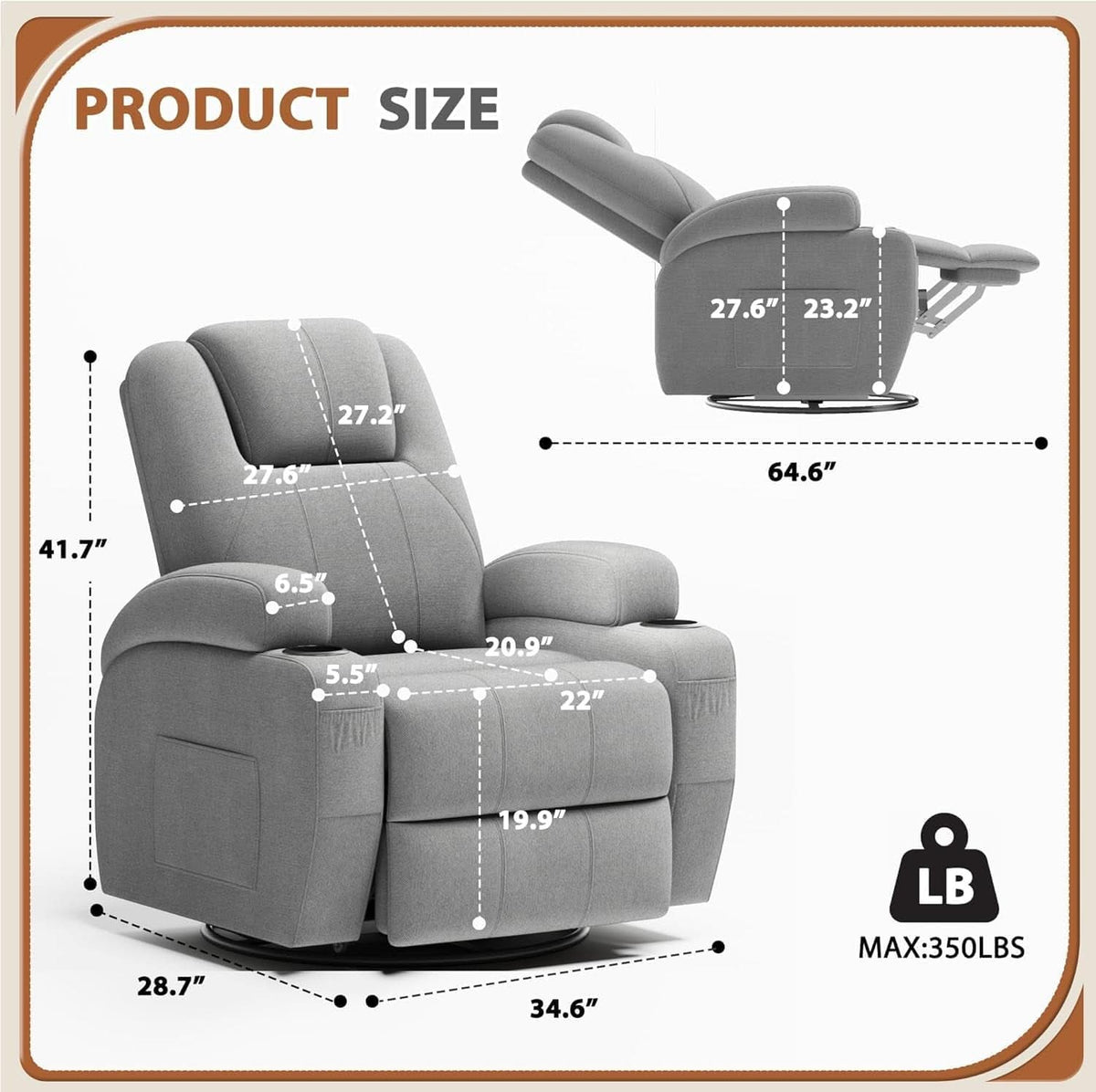 Gray Fabric Swivel Rocker Recliner With Vibration Massage