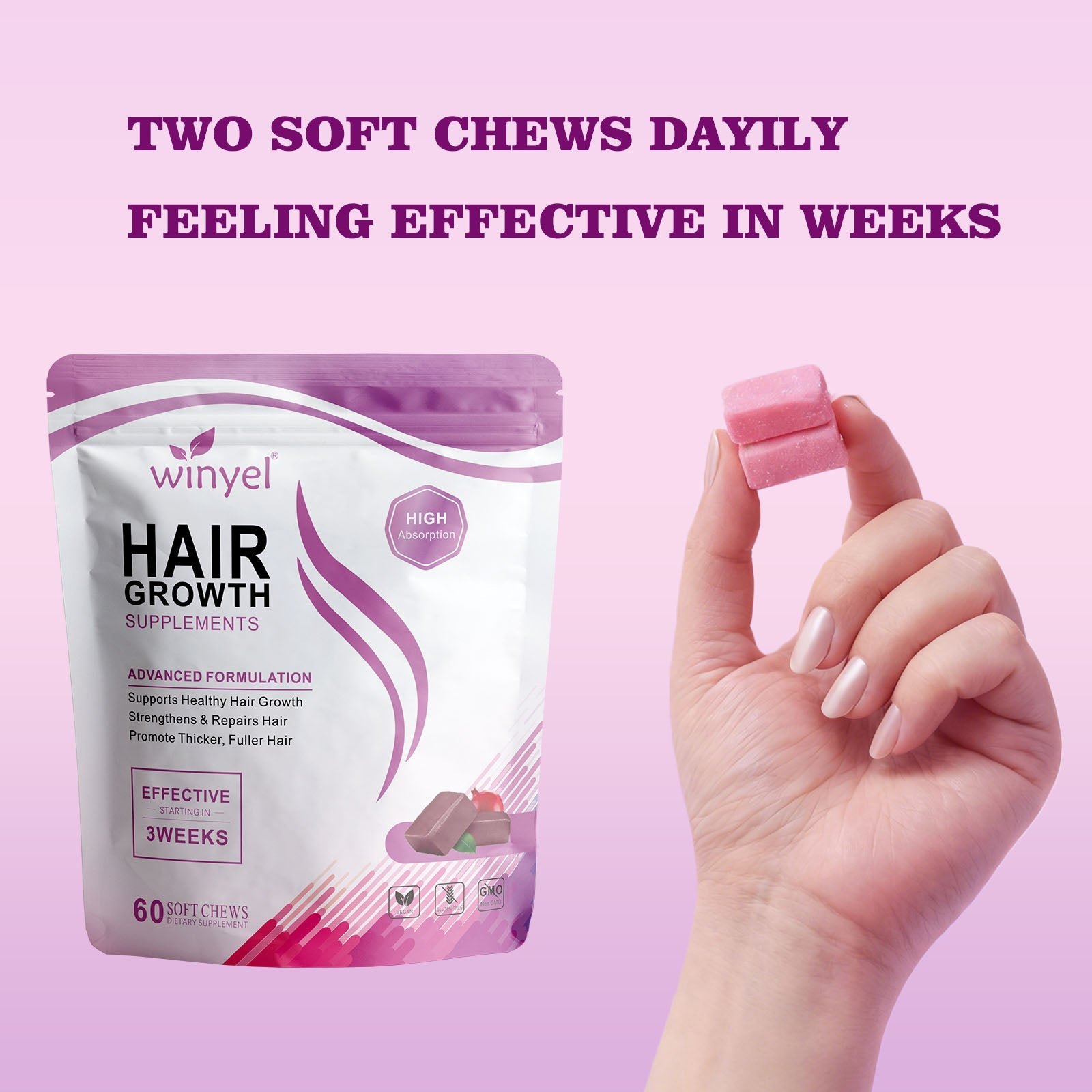 Pear Daisy WINYEL Hair Growth Soft Chewables containing vitamins for healthy hair, displayed in a jar with some chews visible.