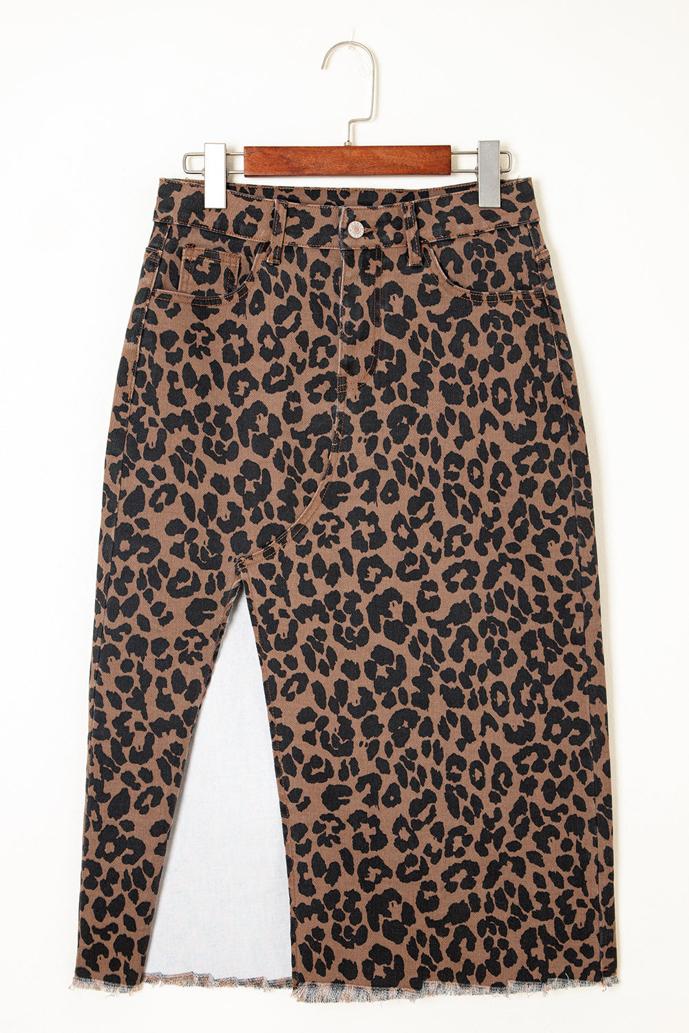 Leopard print denim midi skirt with frayed hem for women, Byzantium Bay fashion, showcasing stylish casual women&