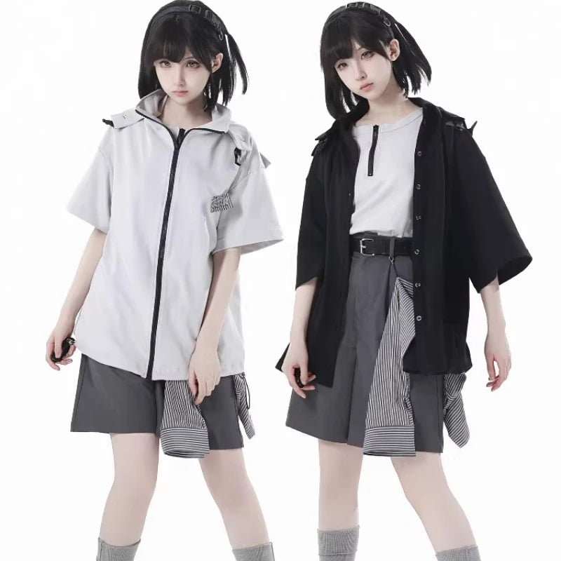 Start2Finish neutral hooded vest jacket and shorts set in apricot gray, casual summer short-sleeved outfit for daily wear.