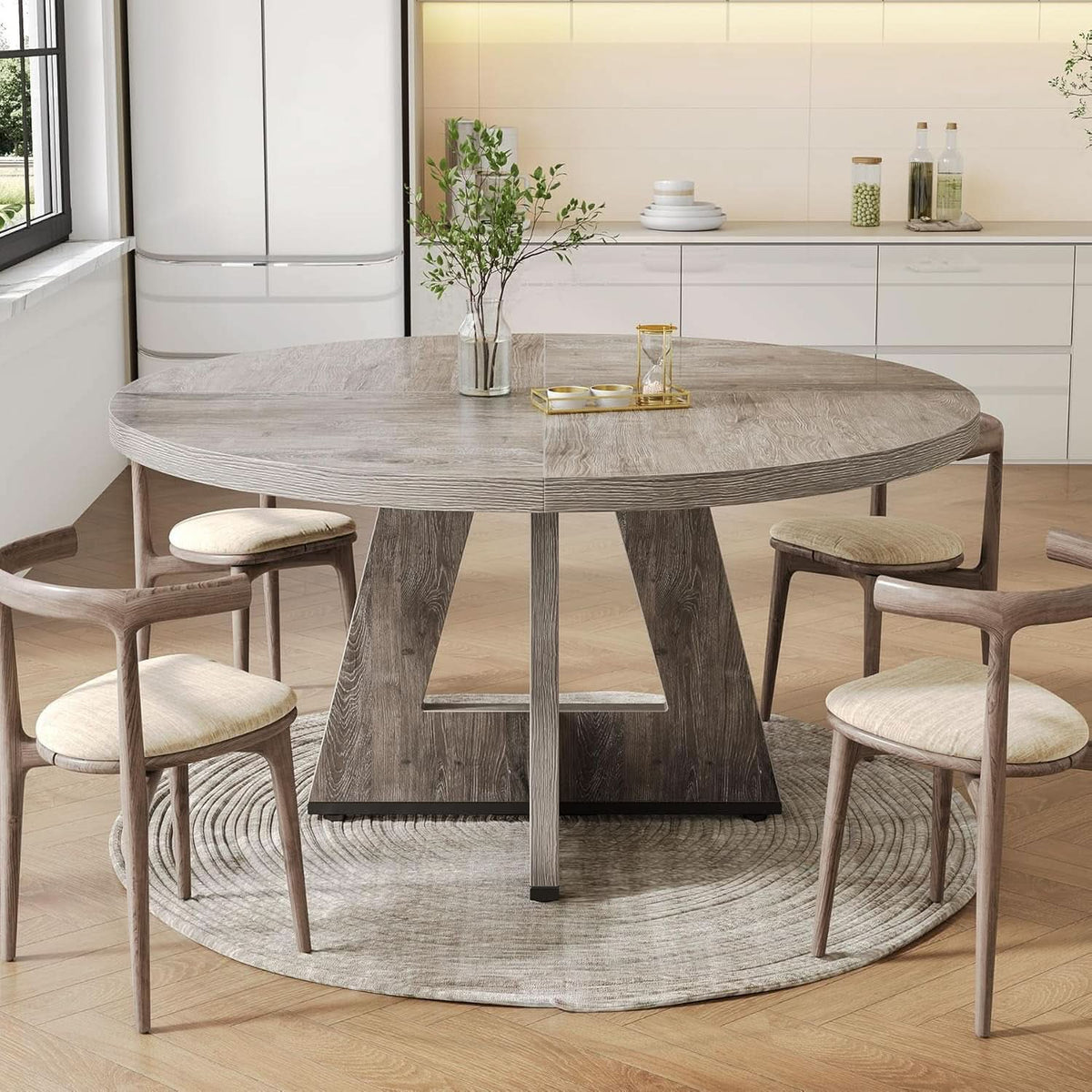 Round 47 Inch Dining Table For 4 To 6 With Grey Pedestal