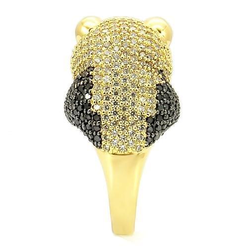 Turquoise Tiger gold and ruthenium brass ring with AAA grade jet CZ gemstone, elegant jewelry accessory with intricate design.