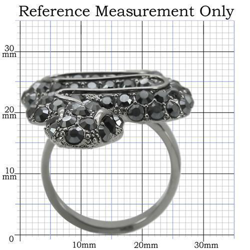Turquoise Tiger Ruthenium brass ring with jet-colored top grade crystal, showcasing a sleek and elegant jewelry design.
