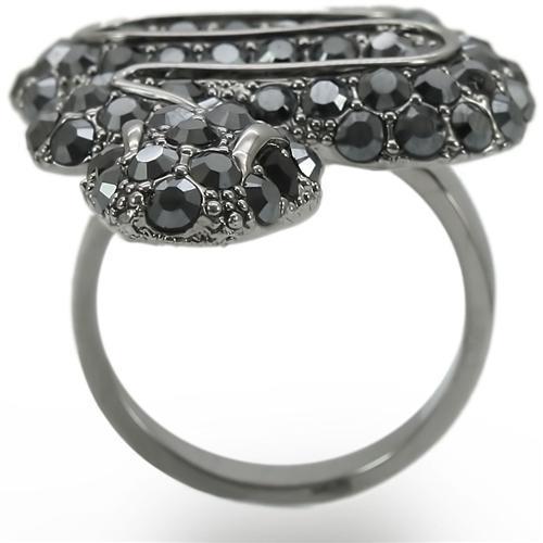 Turquoise Tiger 0W282 Ruthenium Brass Ring featuring a top-grade crystal in jet black, showcasing a stylish, polished design.