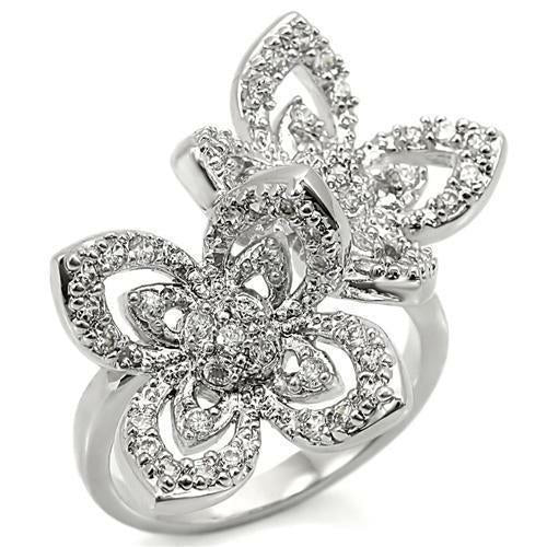 Rhodium brass ring with AAA grade clear cubic zirconia from Turquoise Tiger, showcasing a detailed jewelry design.