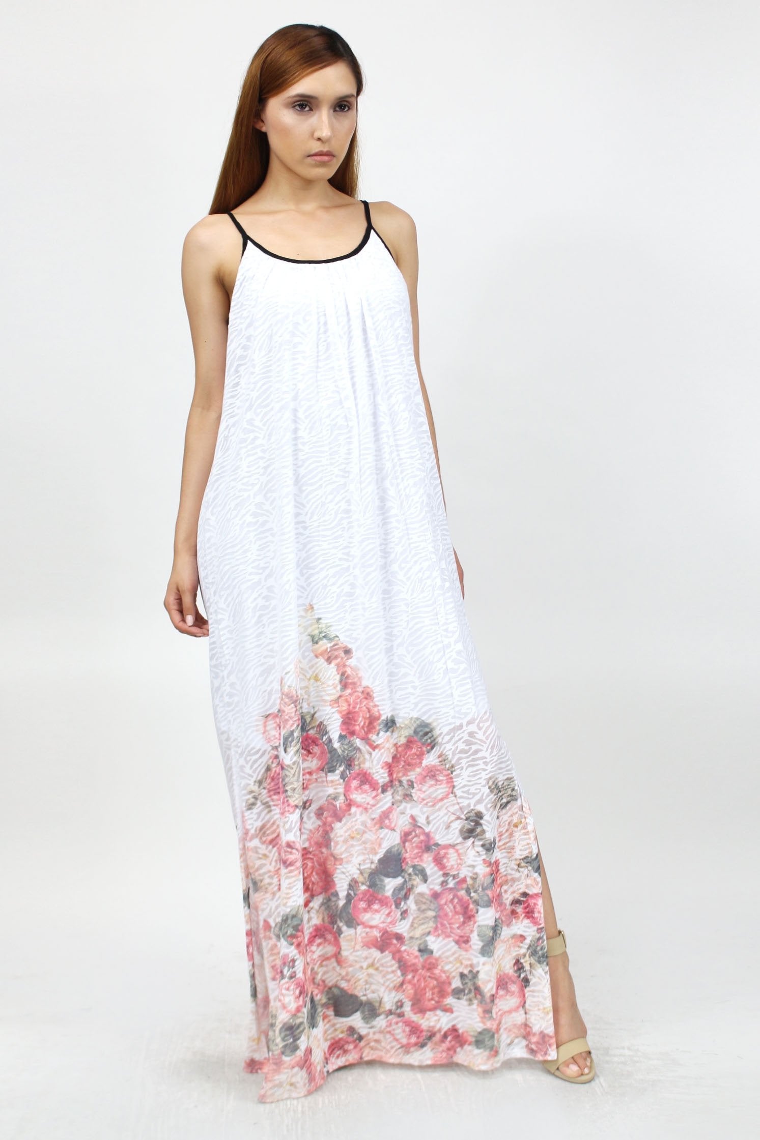 Yellow Hera rose print long dress with side slit, flowing clothing made of lightweight fabric, perfect for elegant casual wear.