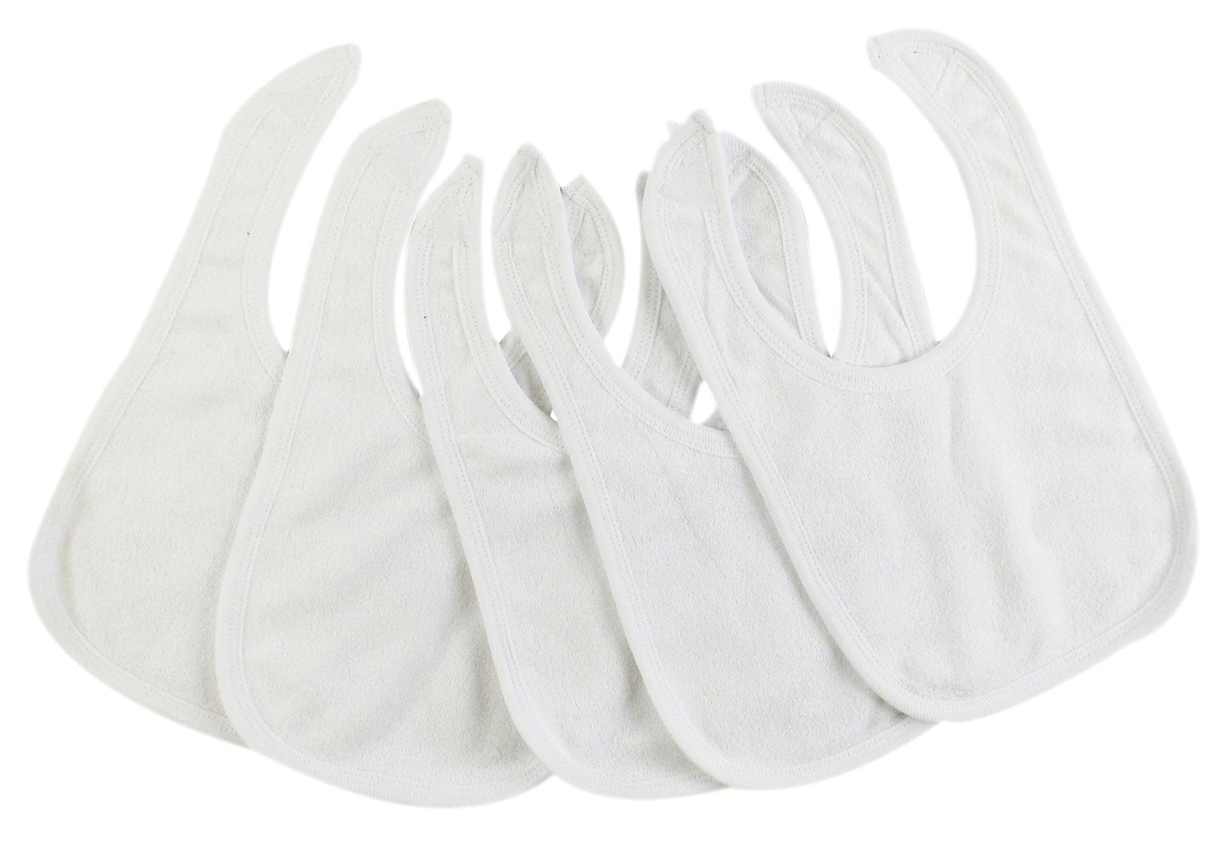Pack of five solid white baby bibs by Emerald Clover, made for parenthood and accessories, shown in a close-up image.