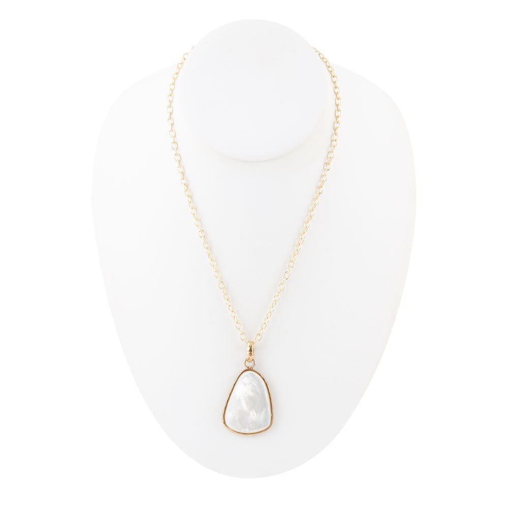 White mother of pearl teardrop pendant necklace with gold chain, elegant jewelry piece featuring a polished pearl drop.