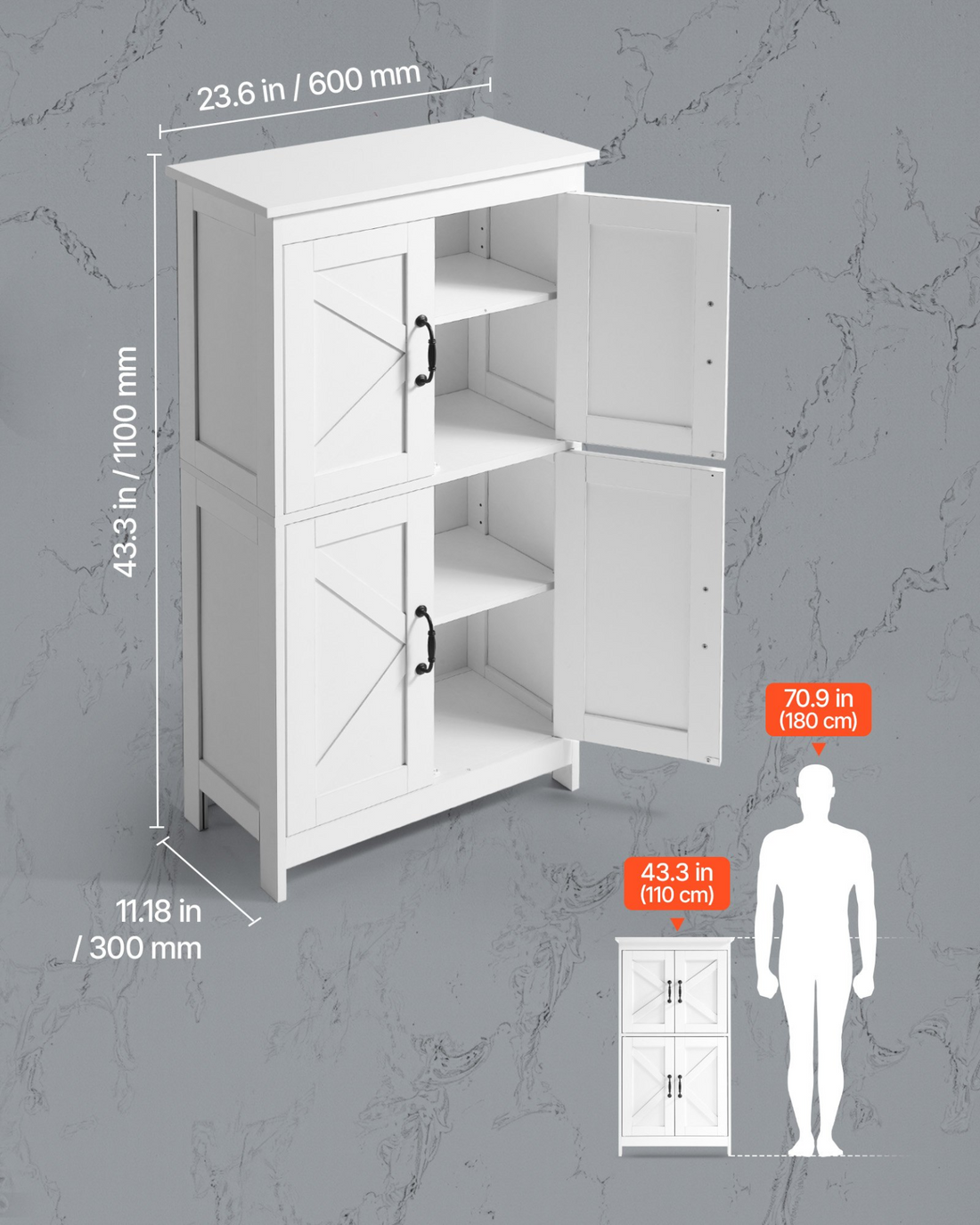 Start2Finish VEVOR 4-tier white wooden bathroom floor cabinet with doors and adjustable shelves, suitable for kitchen, living room, or entryway.