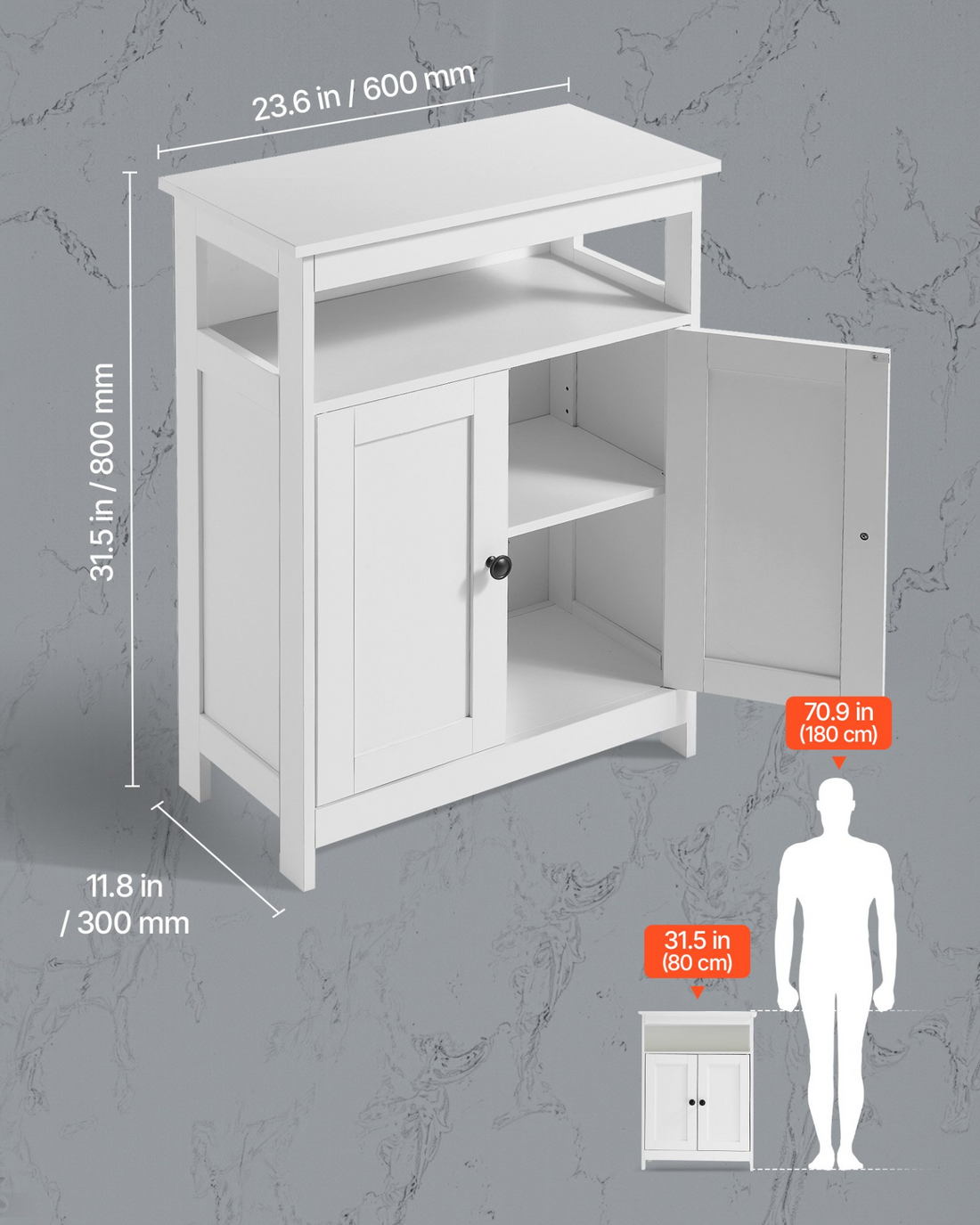 White VEVOR 3-tier wooden bathroom floor cabinet with two doors and adjustable shelf, modern freestanding storage for bathroom or entryway