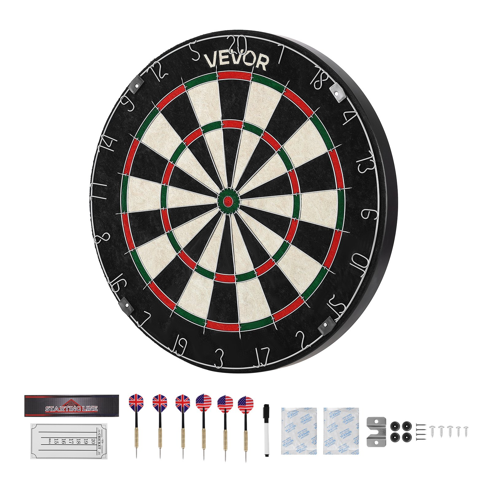 Start2Finish VEVOR dartboard with 6 darts, scoring kit, self-healing sisal fibers, staple-free bullseye, and rotating number ring.
