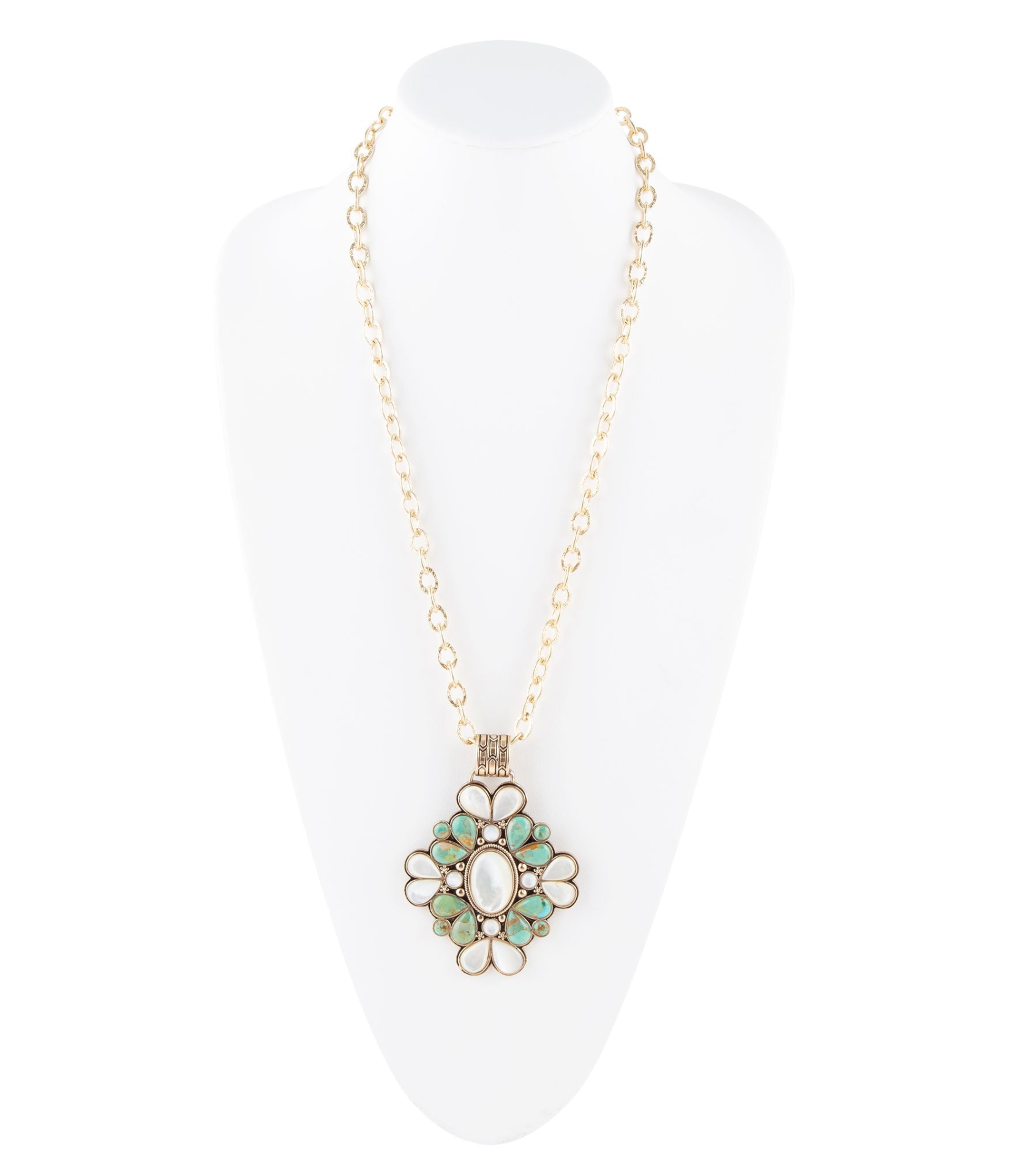 Barcelona blue turquoise and mother of pearl statement necklace by Start2Finish featuring gold accents and intricate jewelry design.
