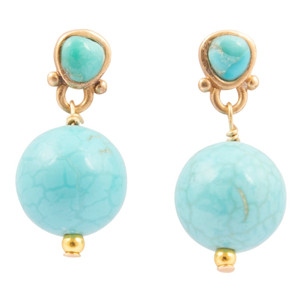 Blue turquoise and gold drop post earrings from Start2Finish featuring elegant jewelry design with vibrant stones and shiny metal.