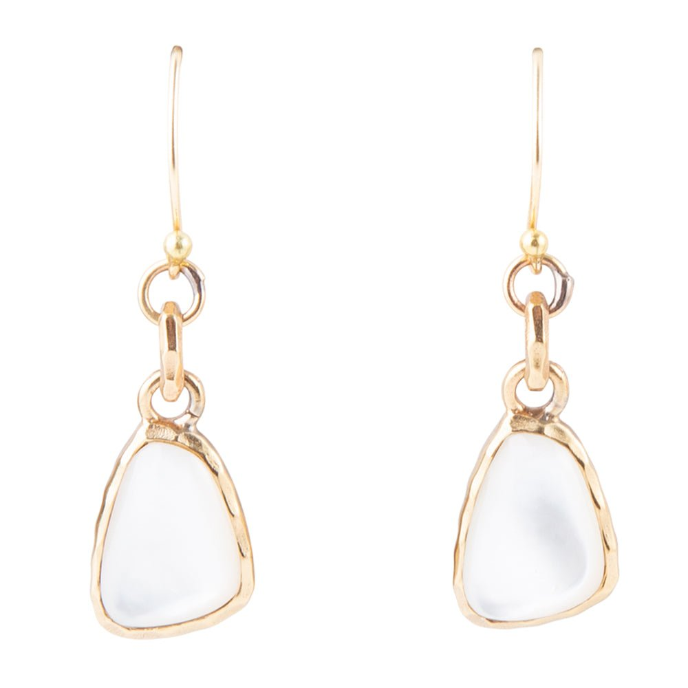 White mother of pearl golden drop earrings from Start2Finish jewelry with elegant, shimmering pearl and gold-toned dangle design.