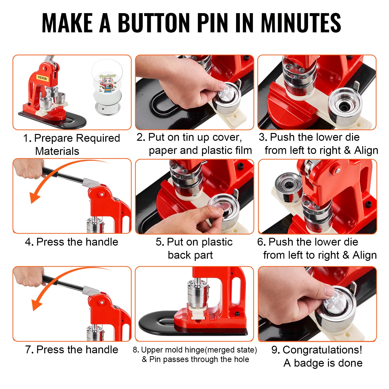 Start2Finish VEVOR 32mm button maker machine with badge punch press kit, includes button parts, circle cutter, and magic book.