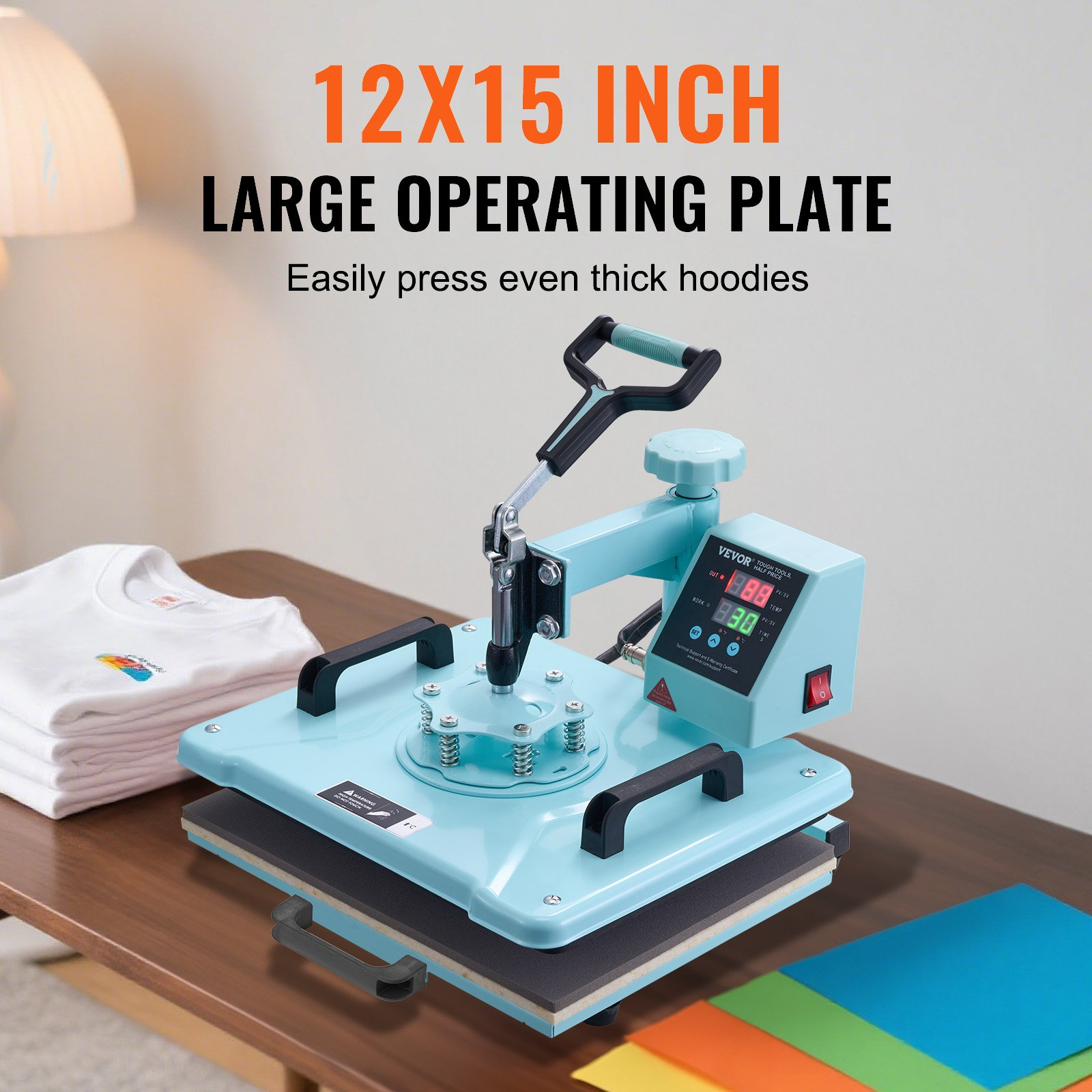 Vevor 12x15 inch 2-in-1 heat press machine with hat press, digital control, swing-away design, suitable for T-shirts and caps.