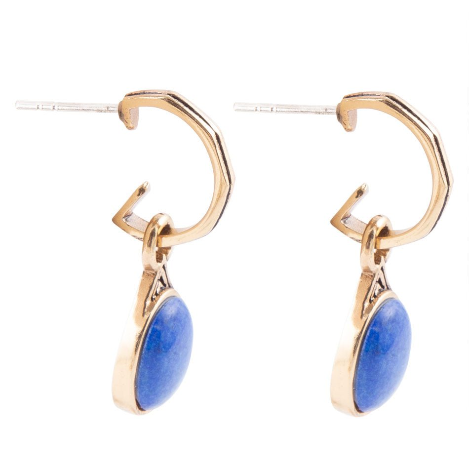 Start2Finish Nova half-hoop earrings in blue lapis with gold accents, showcasing elegant jewelry design and vibrant gemstone details.