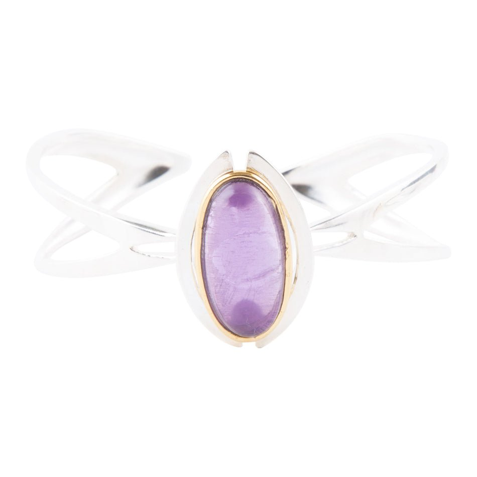 Start2Finish Shine Bright Amethyst cuff bracelet featuring polished purple amethyst stones and a sleek metal band.