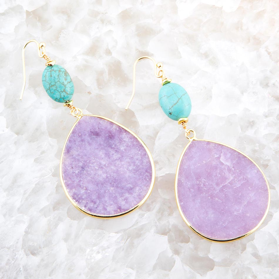 Purple amethyst tear-shaped drop earrings with gold hooks from Start2Finish, showcasing elegant jewelry design.