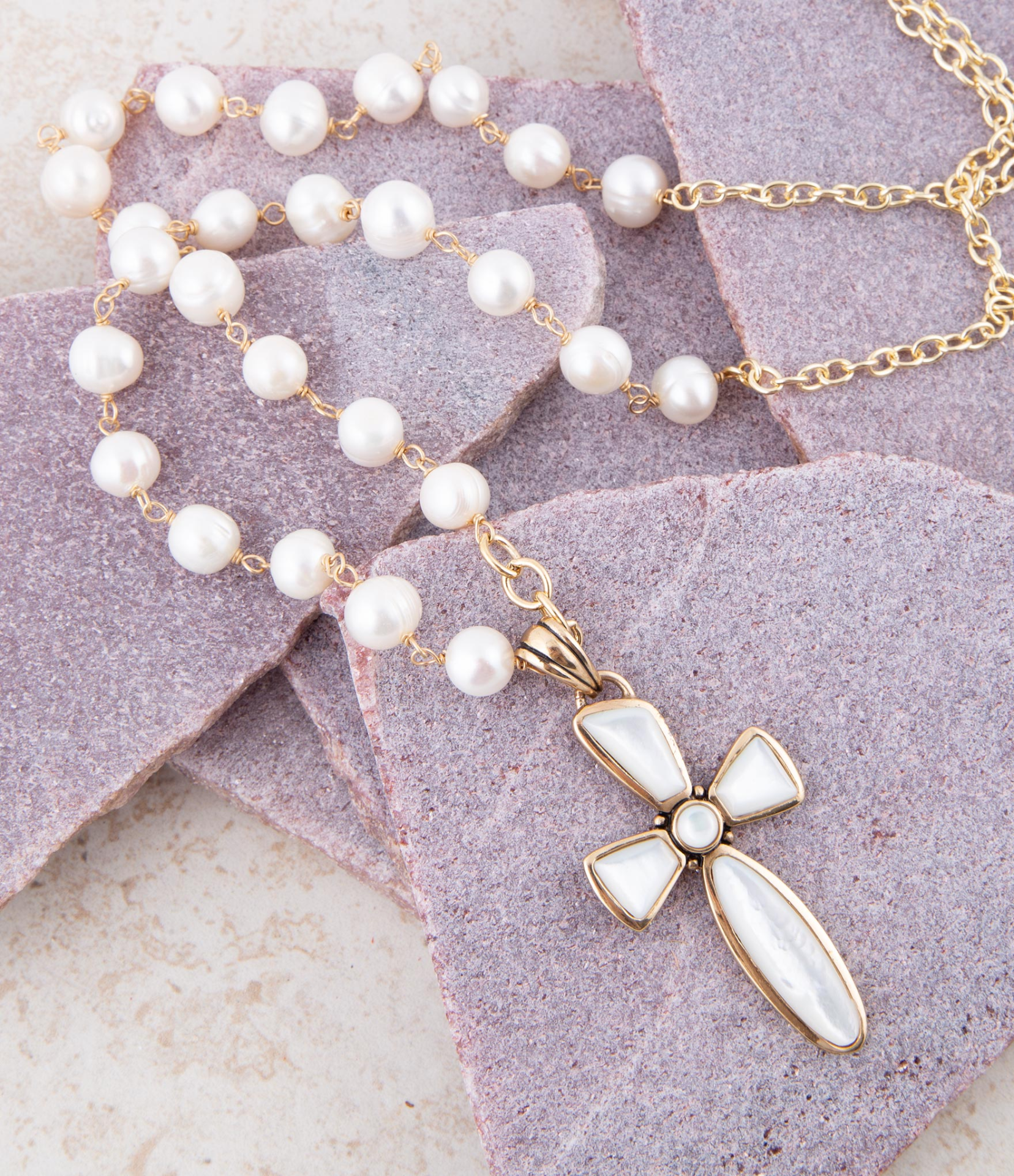 Start2Finish Las Cruces White Pearl Cross Pendant Necklace featuring a delicate silver chain and a white pearl cross pendant.