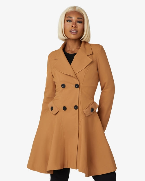 Rose Eleusis spring/summer double-breasted skater coat in toffee, stylish jacket with tailored fit and classic lapel design.