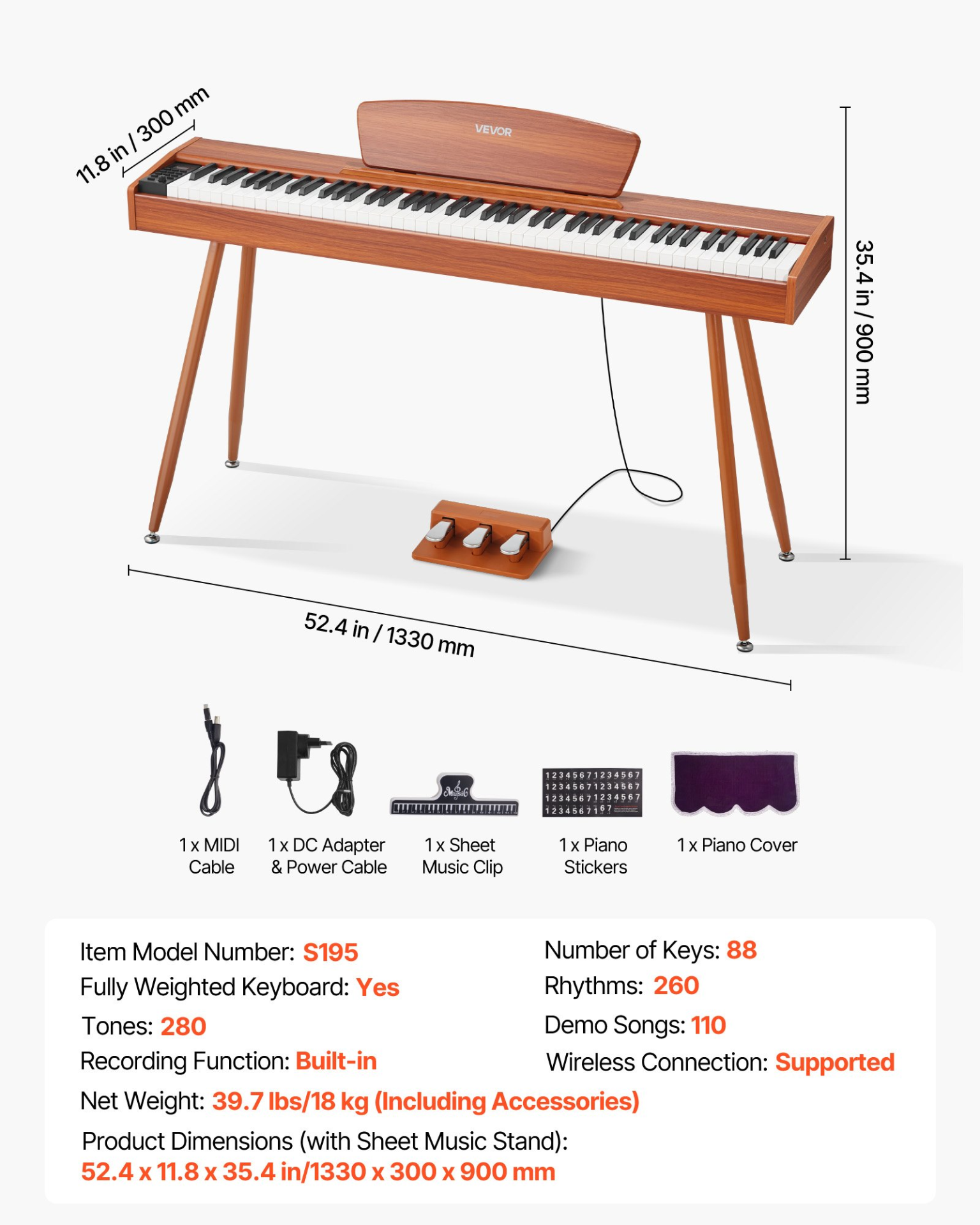 Start2Finish VEVOR 88-key weighted digital piano with sheet music stand, triple pedal, power adapter, 280 tones, wood finish, wireless support.
