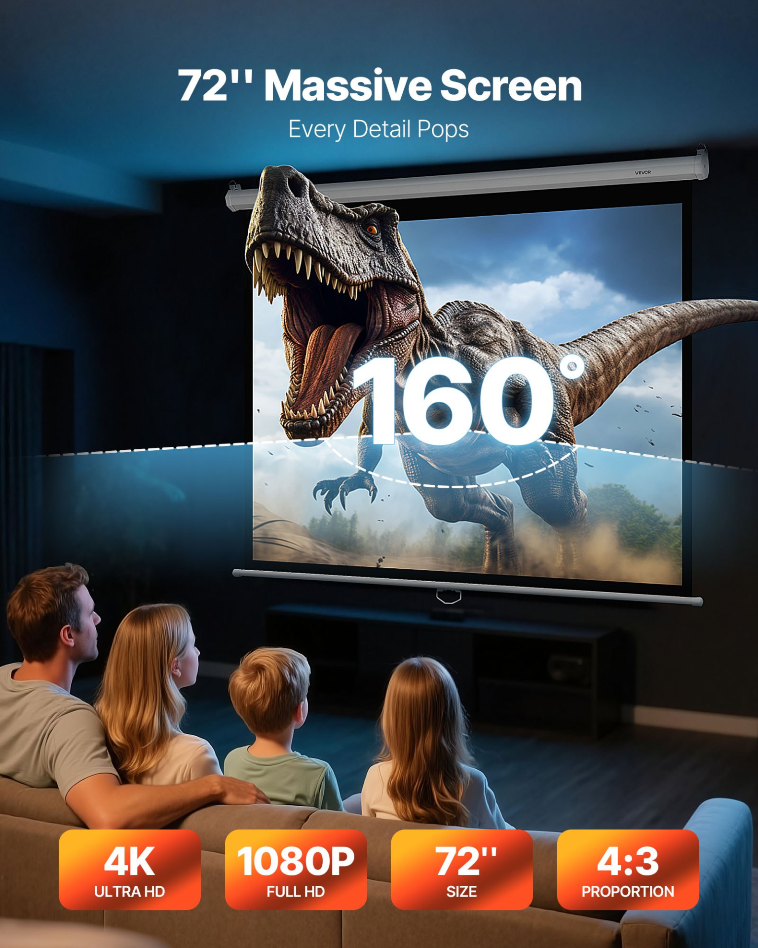 Start2Finish VEVOR 72-inch retractable projector screen with pull rope, wall-mounted, ideal for home theater and office projection.