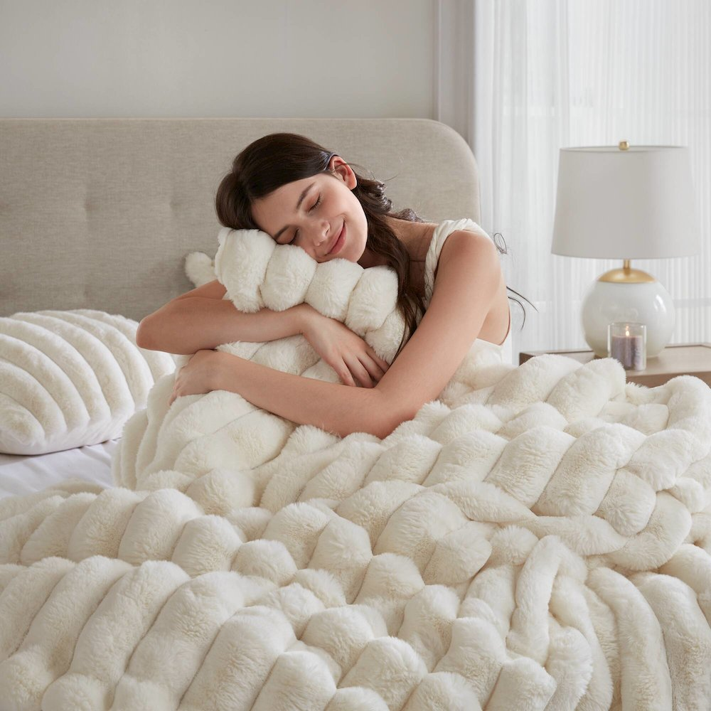 Ivory Jasmine Ultrasoft faux fur ribbed comforter set by Start2Finish, showing plush, textured fabric and cozy bedding design.