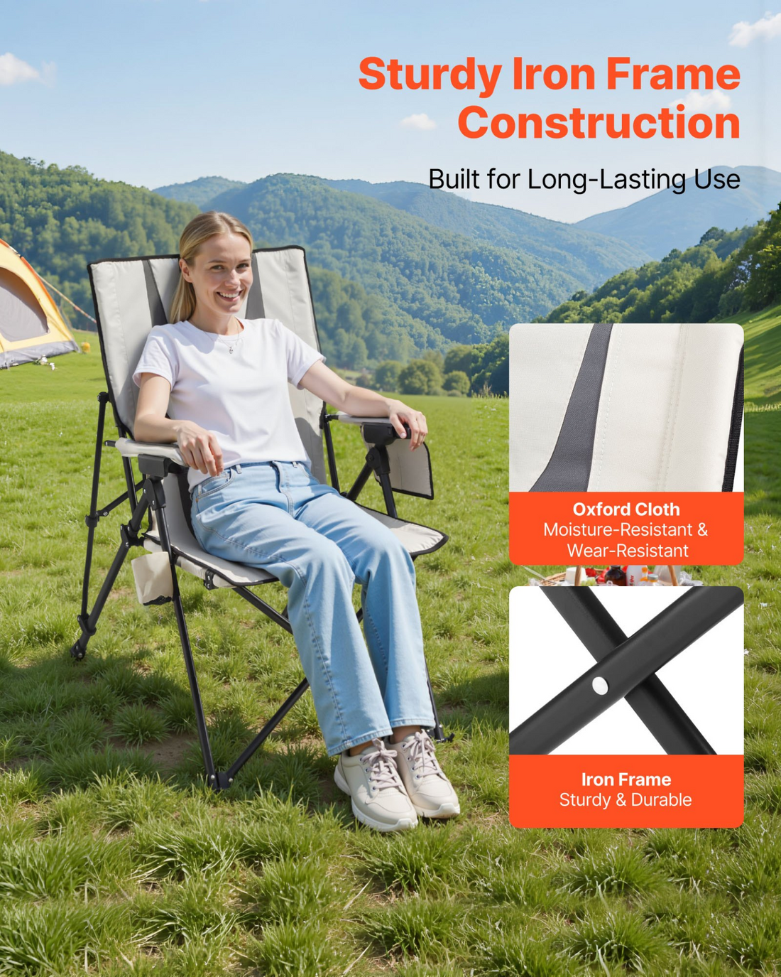 Start2Finish VEVOR outdoor camping chair with recline, padded headrest, armrests, high back, and portable lawn design.