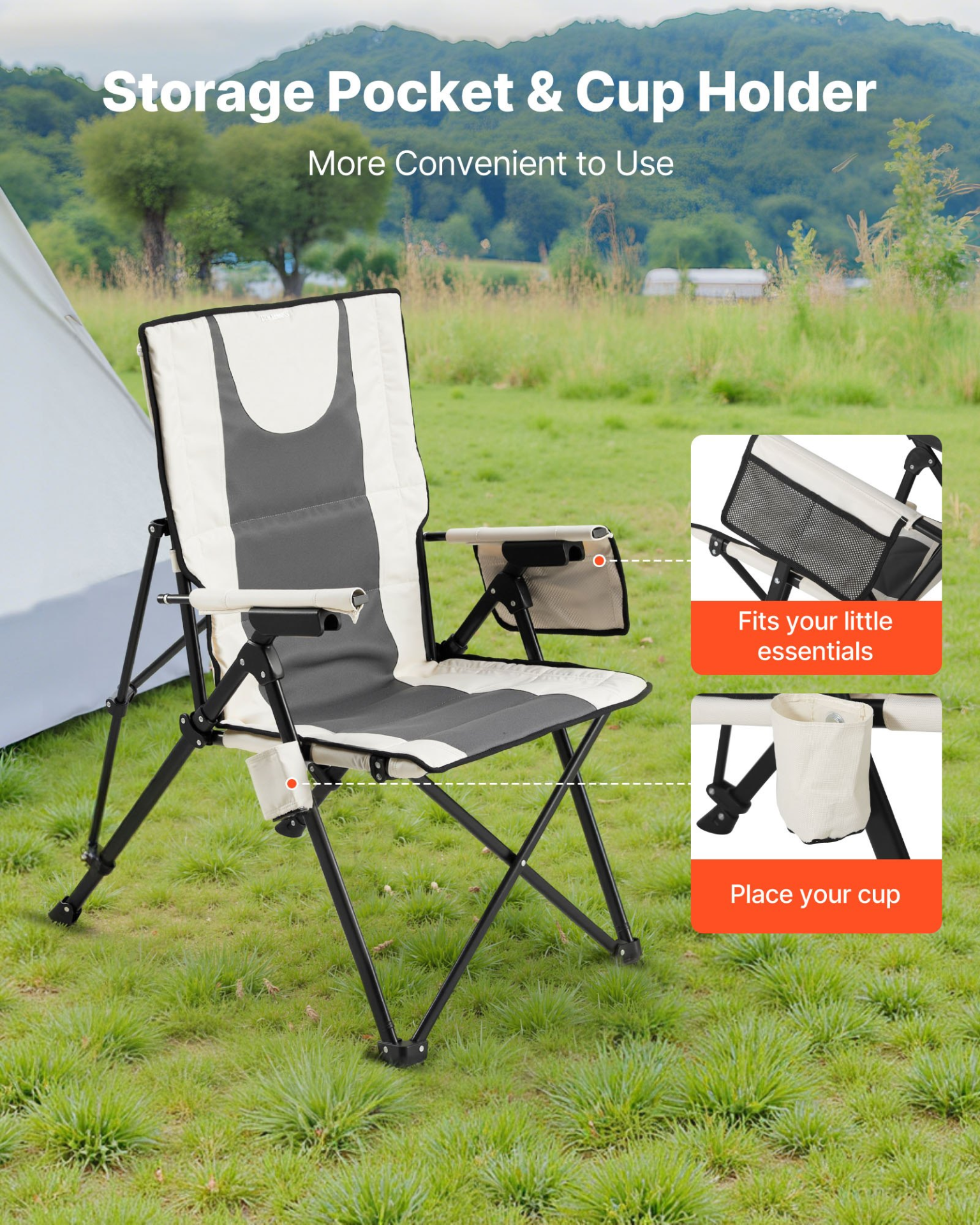 Start2Finish VEVOR outdoor folding camping chair with padded seat, armrest, headrest, and three reclining positions.