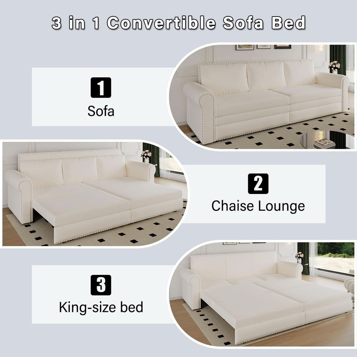 King Size Multifunctional Sleeper Sofa Beige Velvet